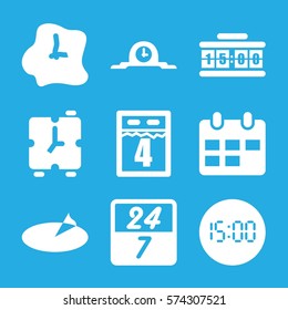 Set of 9 Time filled icons such as wall clock, sundial, calendar, 4th date calendar, 24 7 hour, clock, digital clock, alarm
