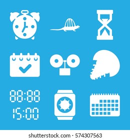 Set of 9 Time filled icons such as digital time, wrist watch with sun, calendar, hourglass, alarm, extinct sea creature, dinosaur