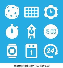 Set of 9 Time filled icons such as wrist watch with sun, 1st day calendar, calendar, 24 hours, cuckoo clock, digital clock, gear clock, stopwatch, extinct sea creature