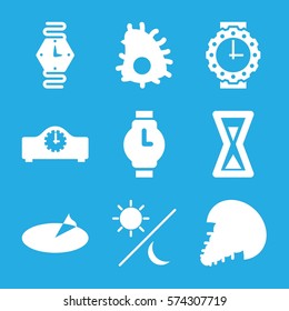 Set of 9 Time filled icons such as wrist watch, wrist watch for woman, sundial, sun and moon, hourglass, clock, extinct sea creature
