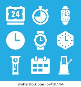 Set of 9 Time filled icons such as wall clock, wrist watch for woman, wrist watch, calendar, pendulum, clock, stopwatch