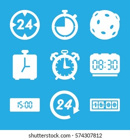 Set of 9 Time filled icons such as 24 hours, 24 hour, digital clock, alarm, stopwatch, extinct sea creature