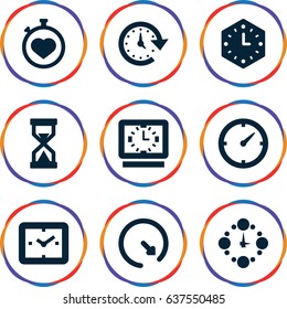 set of 9 timer filled icons such as stopwatch, clock, time, wall clock