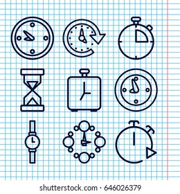 Set of 9 timer outline icons such as clock, time, wall clock, wrist watch, hourglass, alarm