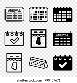 Set of 9 timetable filled and outline icons such as arrival table, calendar