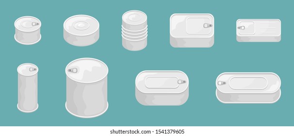 Set of 9 tin cans without a label. 3D vector illustration.