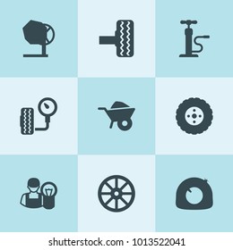 Set of 9 tire filled icons such as whell, wheelbarrow, tire, car electrician, car pump