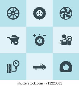 Set of 9 tire filled icons such as whell, wheelbarrow, pickup, tire, wheel balance, alloy wheel