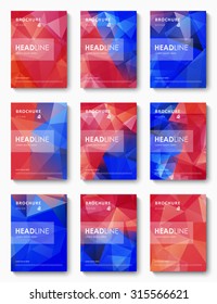Set of 9 title pages of brochures. Abstract background of red and blue mosaic triangular