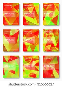 Set of 9 title pages of brochures. Abstract background of bright red and green mosaic triangular