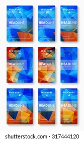 Set of 9 title pages of brochures. Abstract background of blue and red mosaic triangular