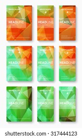 Set of 9 title pages of brochures. Abstract background of green and orange mosaic triangular