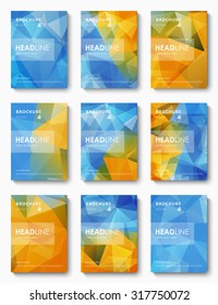 Set of 9 title pages of brochures. Abstract background of blue and orange mosaic triangular
