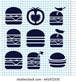 Set of 9 tomato filled icons such as burger, double burger with flag, burger with pepper