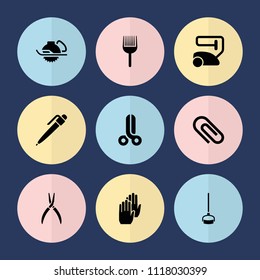 Set of 9 tool filled icons such as vacuum cleaner, pliers, electric saw, clip, glove, coloring brush, pen, scissors