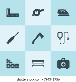 Set of 9 tool filled icons such as sponge, iron, brick wall, screwdriver, axe, ruler, first aid kit, stethoscope