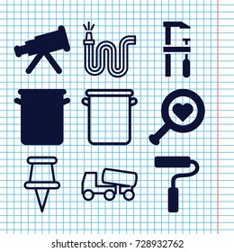 Set of 9 tool filled and outline icons such as chainsaw, paint roller, pan, concrete mixer, water hose, pin, telescope