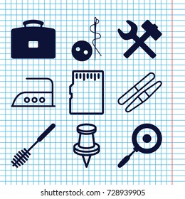 Set of 9 tool filled and outline icons such as needle button, toilet brush, pan, sawing, iron, pin, memory card, wrench hummer