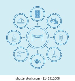 Set of 9 tool outline icons such as car jack, 24/7 car service, road barrier, safety helmet, clip, paint brush, drill, abacus