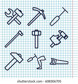 Set of 9 tool outline icons such as garden hammer, saw