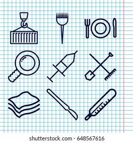 Set of 9 tool outline icons such as shovel and rake, thermometer, barber brush, cargo on hook, scalpel, injection, plate fork and spoon, sponge