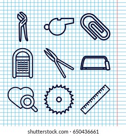 Set of 9 tool outline icons such as ruler, sponge, blade saw, hacksaw, pliers, garden tools, heart search, whistle