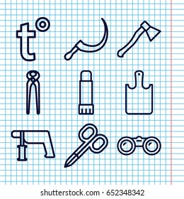 Set of 9 tool outline icons such as manicure scissors, nail gun, pliers, scythe, glue pen, chopping board, temperature, axe weapon