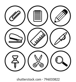 Set of 9 tools icons set. Collection of stapler, pencil, button, pen, notebook, clip, magnifier, ruler.