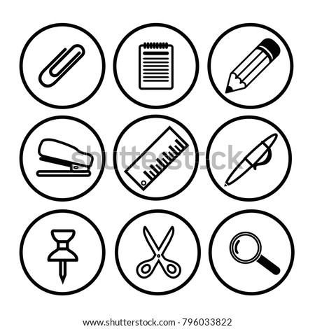 Set of 9 tools icons set. Collection of stapler, pencil, button, pen, notebook, clip, magnifier, ruler.