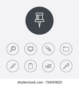 Set Of 9 Tools Outline Icons Set.Collection Of Clipboard, Zoom Glasses, Puncher And Other Elements.