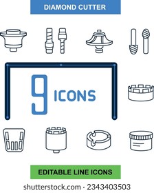 Set of 9 tools web icons in line style such as drill bit, diamond drill, diamond disk. Editable stroke.