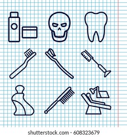 Set of 9 tooth outline icons such as cream tube, toothbrush, dental chair, tooth