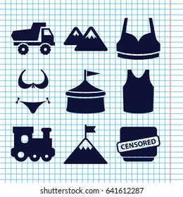 Set of 9 top filled icons such as train toy, toy car, bikini, sport bra, singlet, censored, mountain, flag on mountain