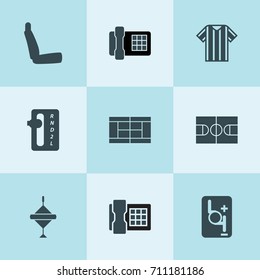 Set of 9 top filled icons such as auto transmission, robot transmission, chair, desk phone, spinning top, t shirt, tennis court