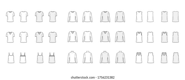 Set of 9 tops technical fashion illustration croqui front and back white and color style. Women and men flat sketch garment mockup for designer. Apparel Design Template with t-shirt and blouse