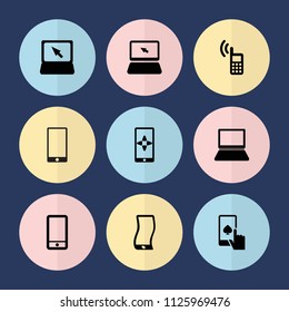 Set of 9 touch filled icons such as phone, laptop, finger on display, hand on smartphone