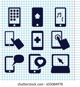 Set of 9 touch filled icons such as finger on display, phone with heart, laptop, mobile phone music, home on phone display