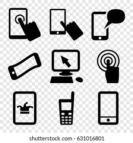 set of 9 touchscreen filled icons such as poker on phone, pointer on display, finger on display, 