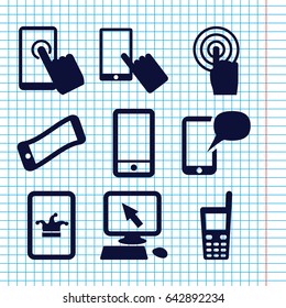 Set of 9 touchscreen filled icons such as poker on phone, pointer on display, finger on display, phone