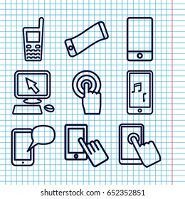 Set of 9 touchscreen outline icons such as pointer on display, finger on display, phone, touchscreen