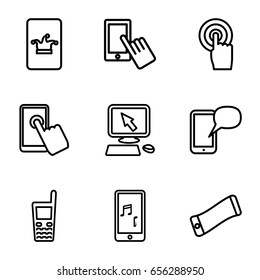 Conjunto de 9 iconos de esquema de pantalla táctil como póquer en el teléfono, puntero en la pantalla, dedo en la pantalla, pantalla táctil