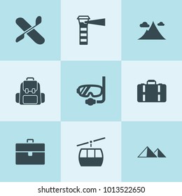 Set of 9 tourism filled icons such as case, plane, diving mask, suitcase, lighthouse, backpack, mountain