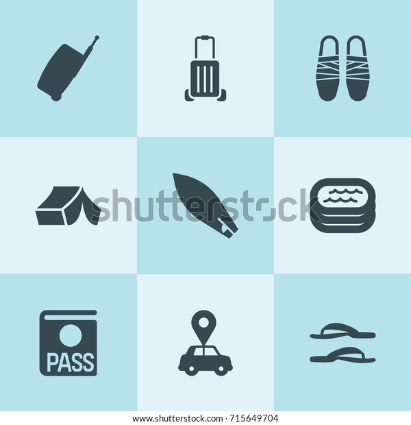 Set of 9 tourism\
filled icons such as passport, car pin, luggage, tent, flip-flops,\
pool, luggage, flip flops