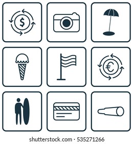 Set Of 9 Tourism Icons. Includes Surf-Board, Pin, Bank Card And Other Symbols. Beautiful Design Elements.