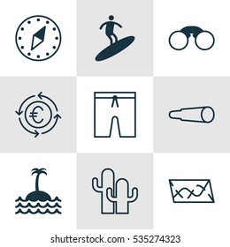 Set Of 9 Tourism Icons. Includes Boardsports, Swimming Clothes, Currency Recycle And Other Symbols. Beautiful Design Elements.
