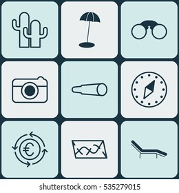 Set Of 9 Tourism Icons. Includes Route, Cardinal Direction, Cacti And Other Symbols. Beautiful Design Elements.