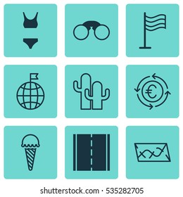 Set Of 9 Tourism Icons. Includes Pair Of Glasses, Photo Camera, Route And Other Symbols. Beautiful Design Elements.