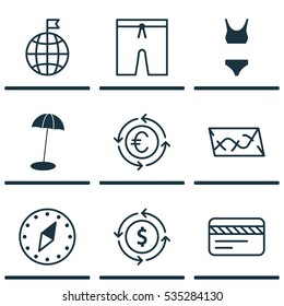 Set Of 9 Tourism Icons. Includes Swimming Clothes, Currency Recycle, Bank Card And Other Symbols. Beautiful Design Elements.