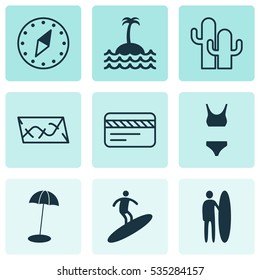 Set Of 9 Tourism Icons. Includes Surf-Board, Coast Parasol, Reef And Other Symbols. Beautiful Design Elements.