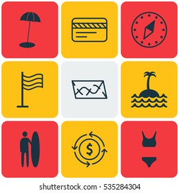 Set Of 9 Tourism Icons. Includes Money Recycle, Coast Parasol, Reef And Other Symbols. Beautiful Design Elements.